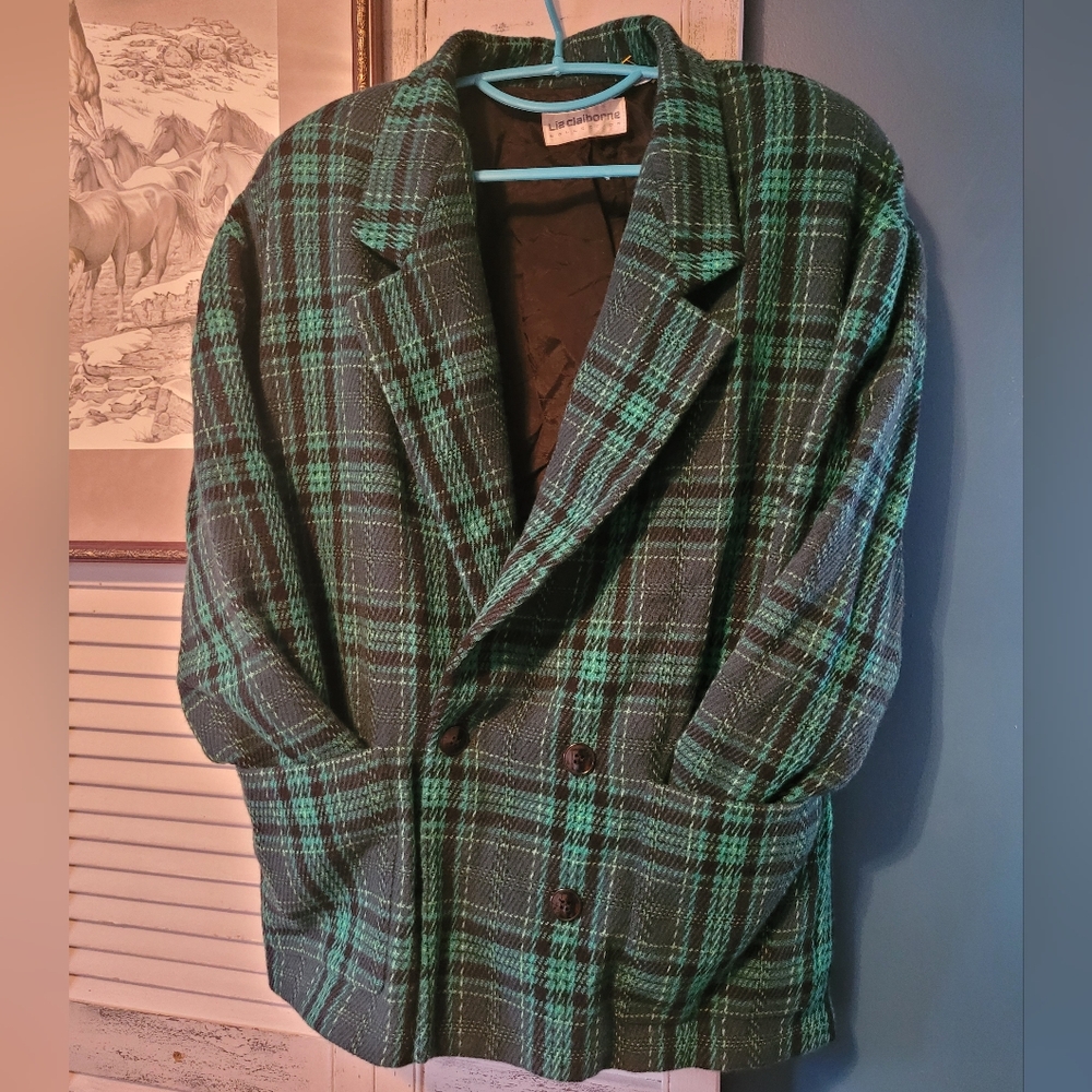 Vintage Liz Claiborne Green Wool Plaid Blazer
